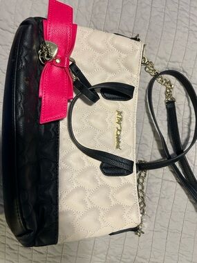 Betsey Johnson Cream, Black & Hot Pink Heart-Quilted Shoulder Bag